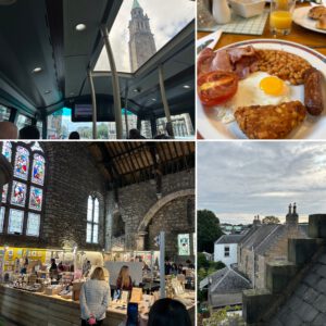Eindrücke aus Edinburgh - Im Doppeldeckerbus - Tradition Breakfast - Blick vom Hotelbalkon - St Giles' Cathedral (im Uhrzeigersinn)